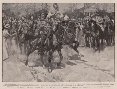 Eindelijk Verlicht, de Vrijwillige Cavalerie die als eerste Ladysmith bereikte juicht Sir George White toe door Frank Craig